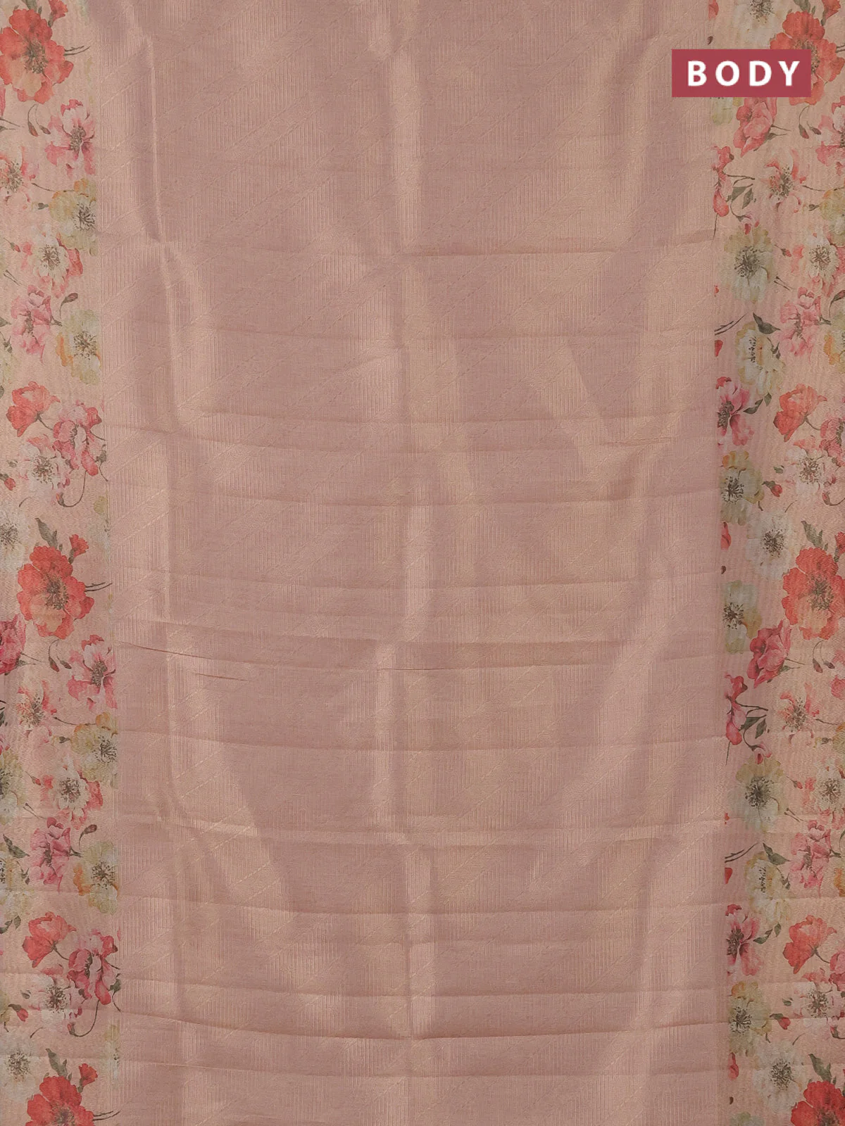 Tissue saree mild peach with allover zari weaves and floral digital printed border - Image 2