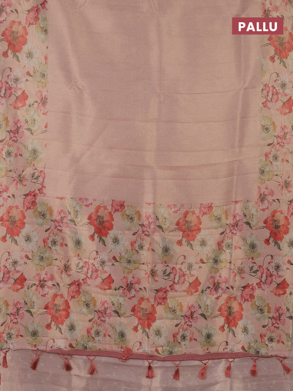 Tissue saree mild peach with allover zari weaves and floral digital printed border - Image 3