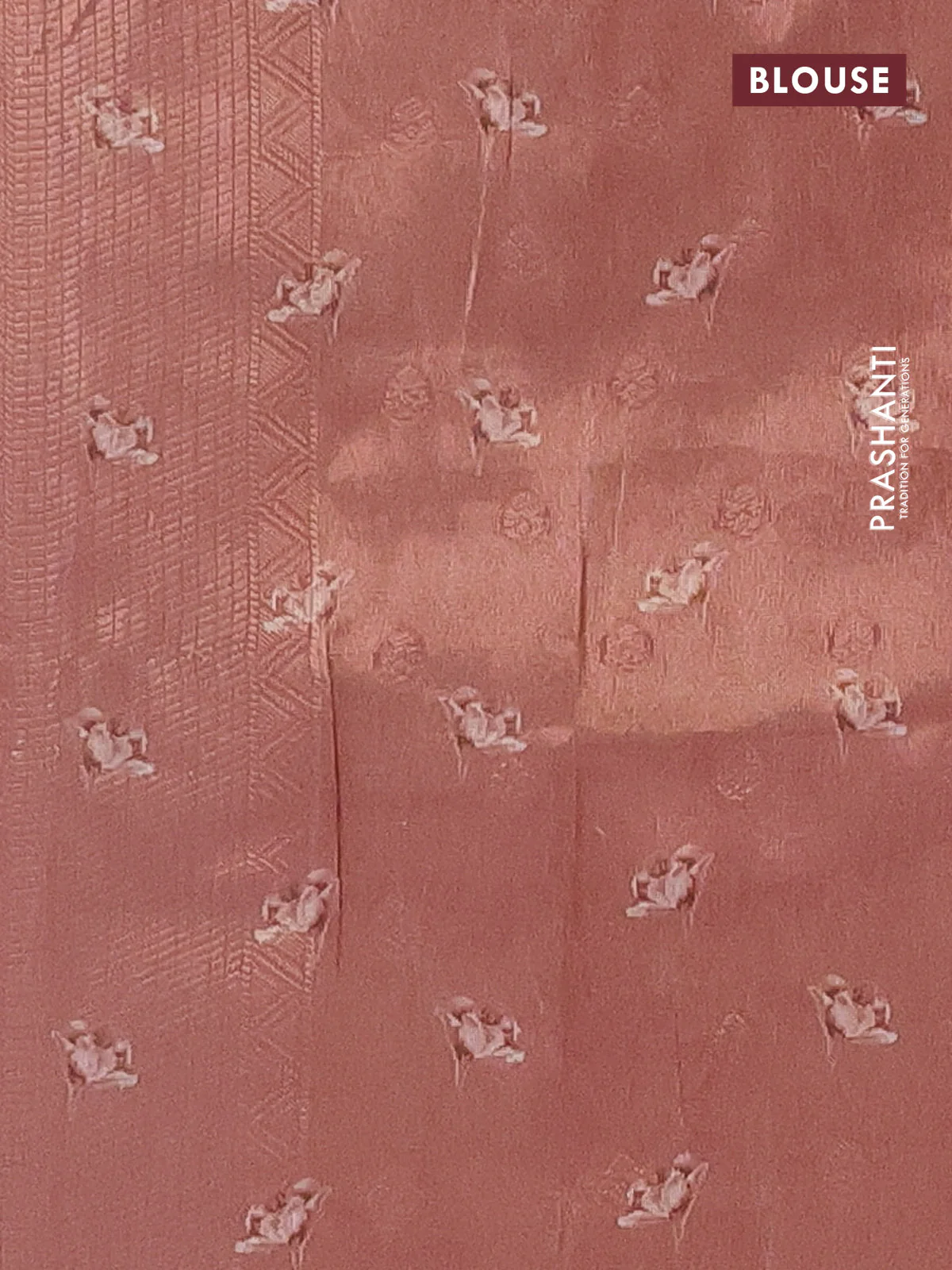 Tissue saree mild peach with allover zari weaves and floral digital printed border - Image 4