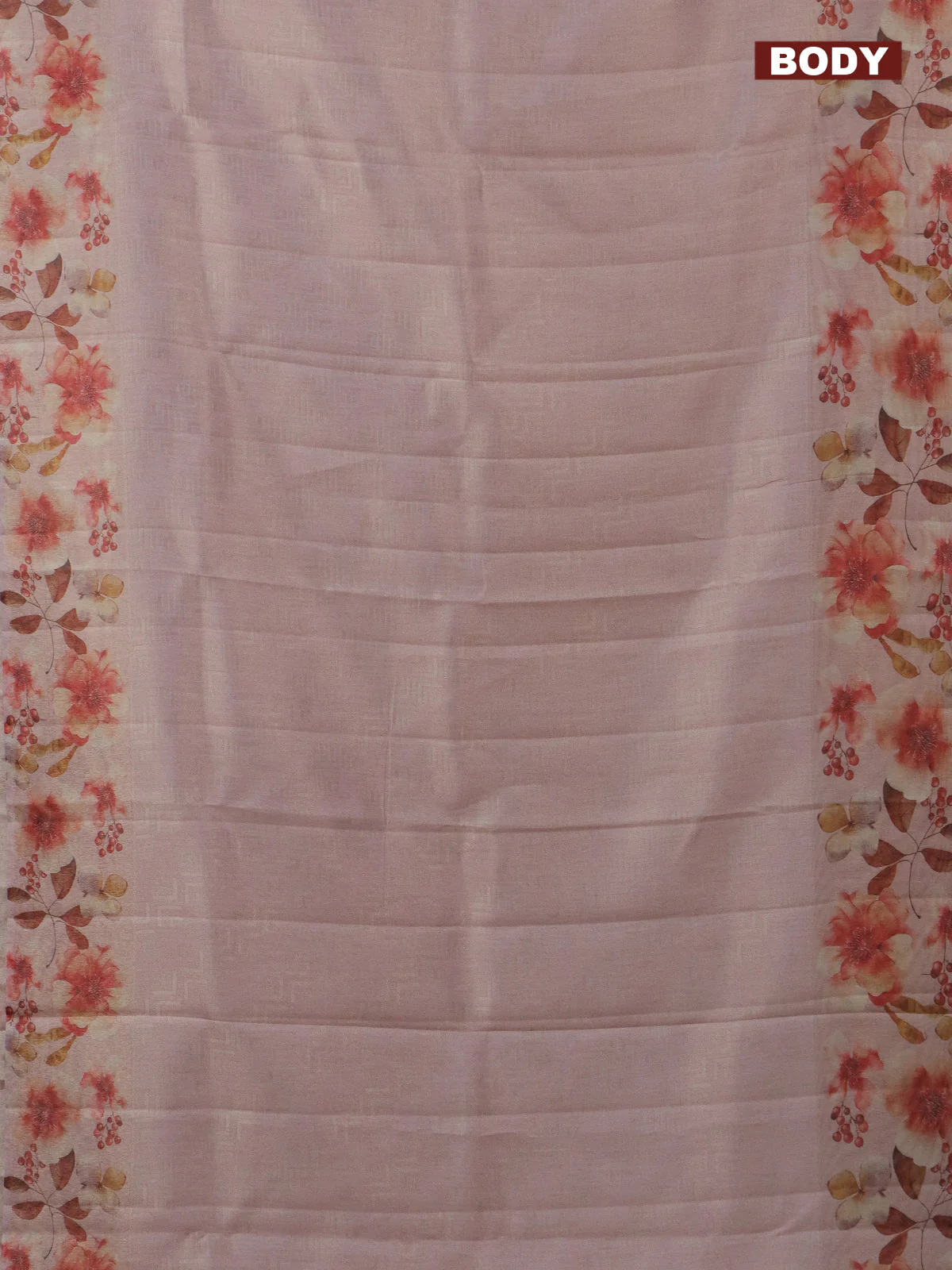 Tissue saree mild peach with allover zari weaves and floral digital printed border - Image 2