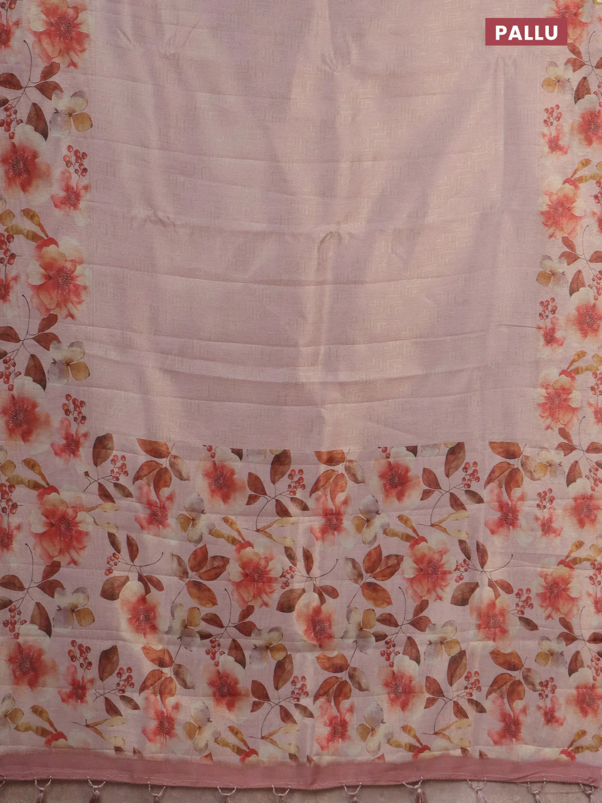 Tissue saree mild peach with allover zari weaves and floral digital printed border - Image 3