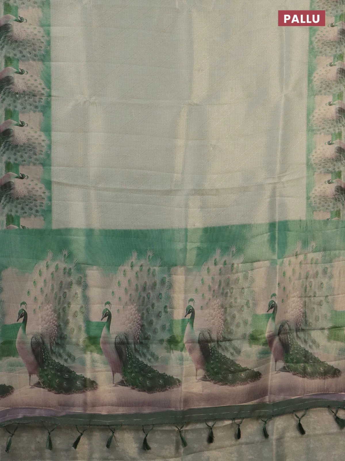 Tissue saree mild pista green with allover zari weaves and digital printed border - Image 3