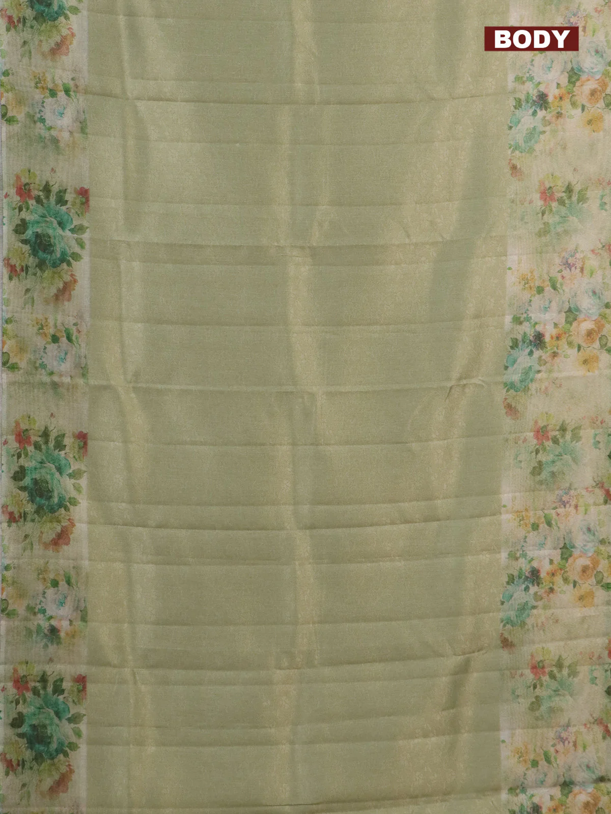 Tissue saree mild pista green with allover zari weaves and floral digital printed border - Image 2