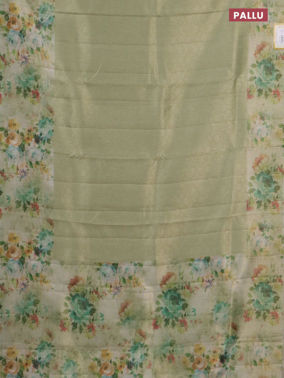 Tissue saree mild pista green with allover zari weaves and floral digital printed border - Image 3