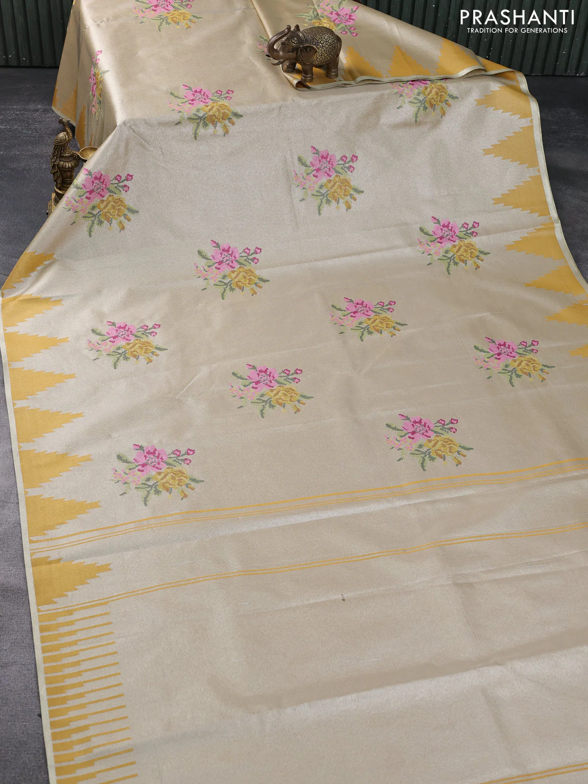 Tissue saree mustard yellow with embroidery work buttas and temple design zari border - Image 2