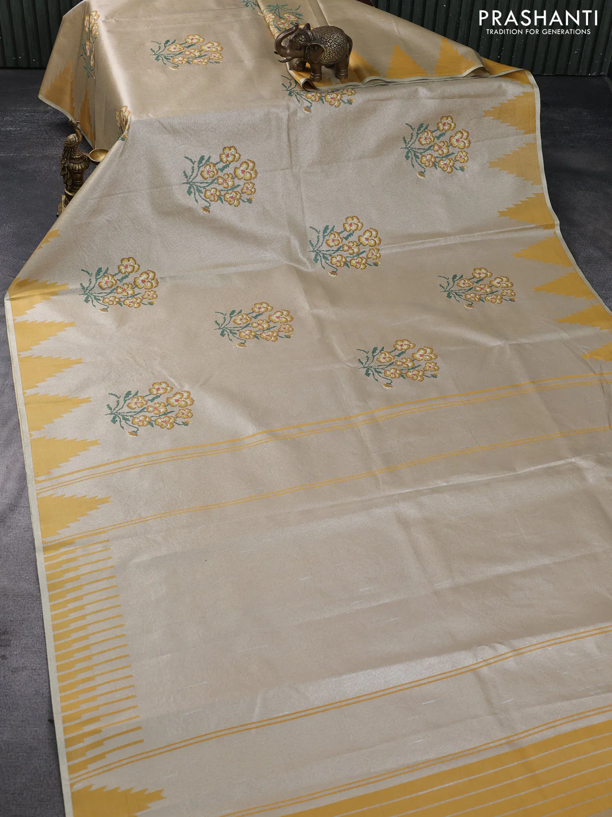 Tissue saree mustard yellow with embroidery work buttas and temple design zari border - Image 2
