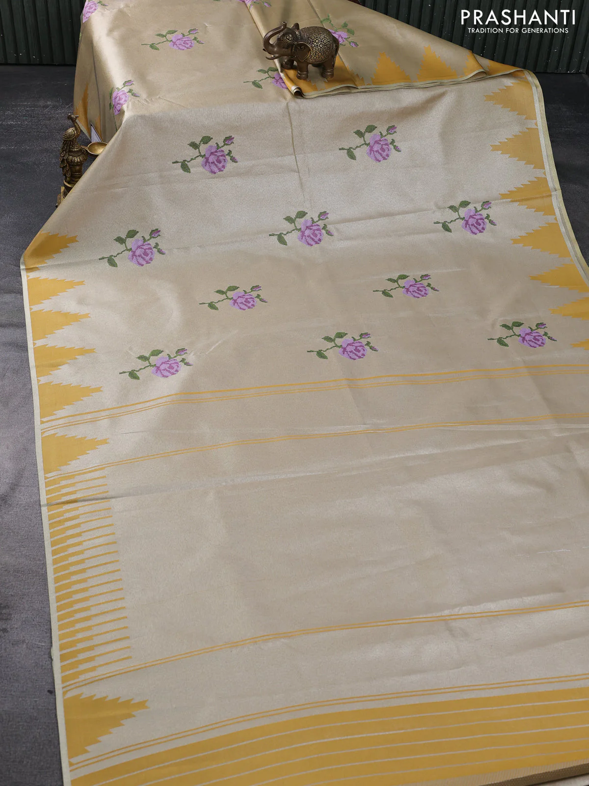 Tissue saree mustard yellow with embroidery work buttas and temple design zari border - Image 2