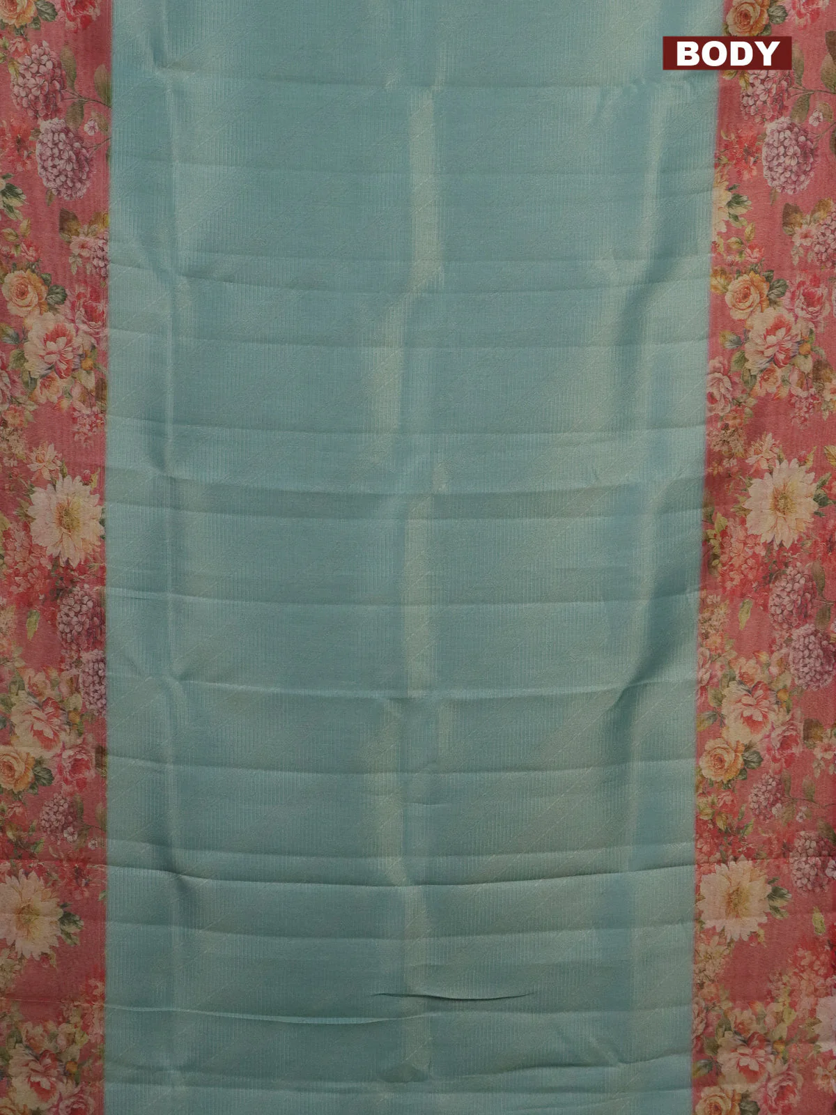 Tissue saree pastel blue and peach pink with allover zari weaves and floral digital printed border - Image 2