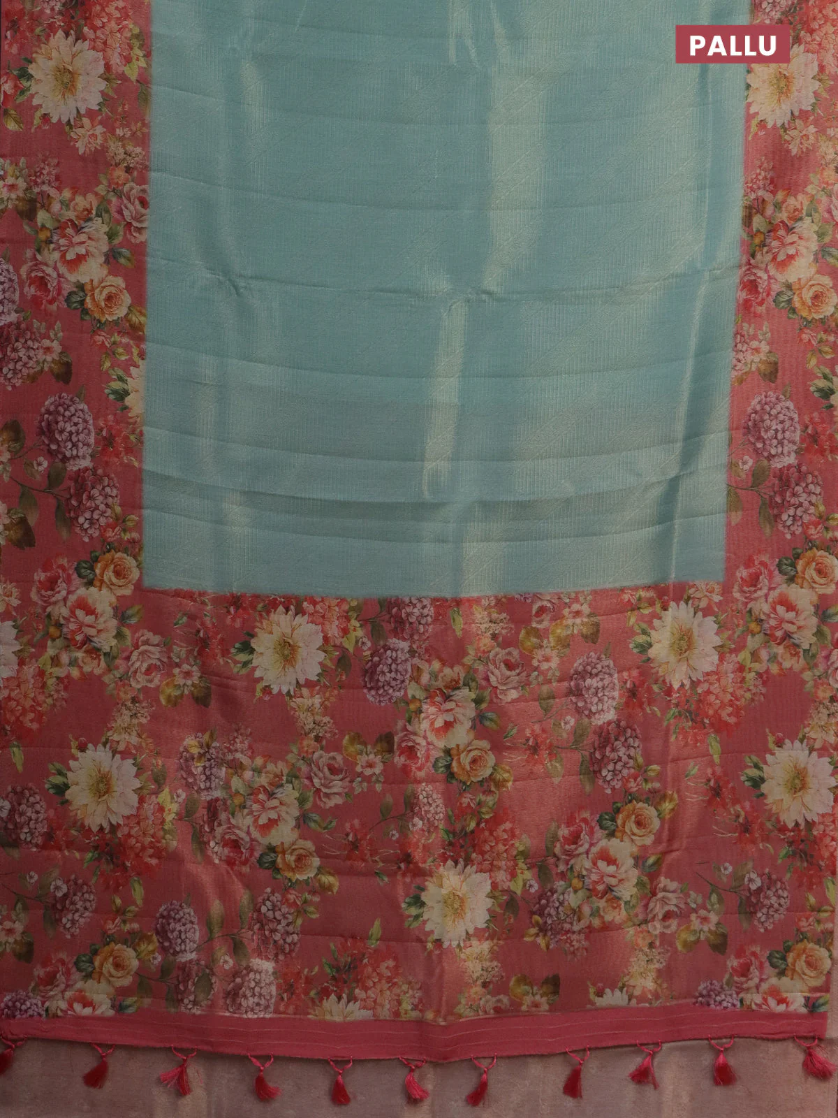 Tissue saree pastel blue and peach pink with allover zari weaves and floral digital printed border - Image 3