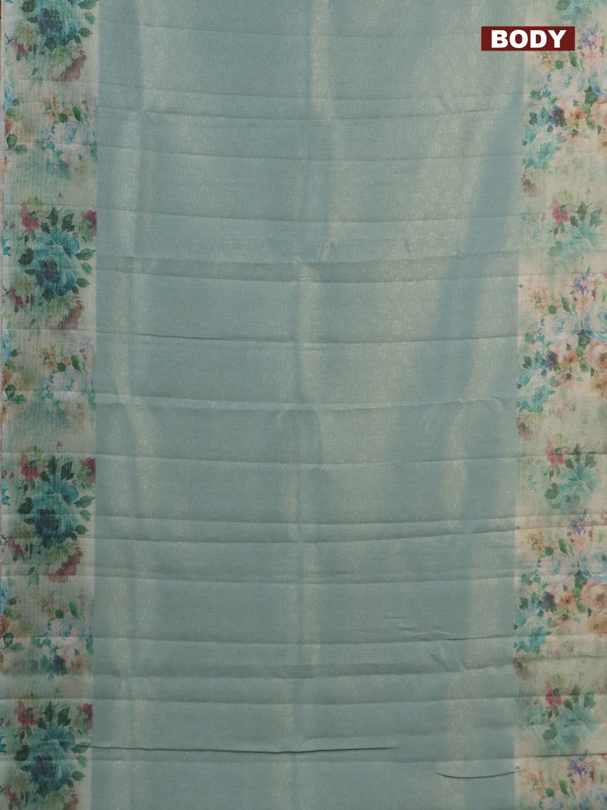 Tissue saree pastel blue with allover zari weaves and floral digital printed border - Image 2
