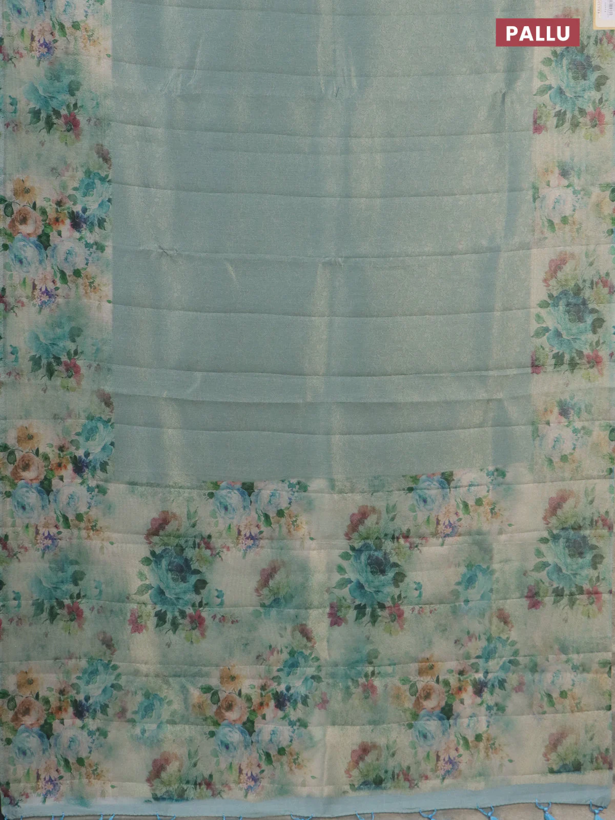 Tissue saree pastel blue with allover zari weaves and floral digital printed border - Image 3