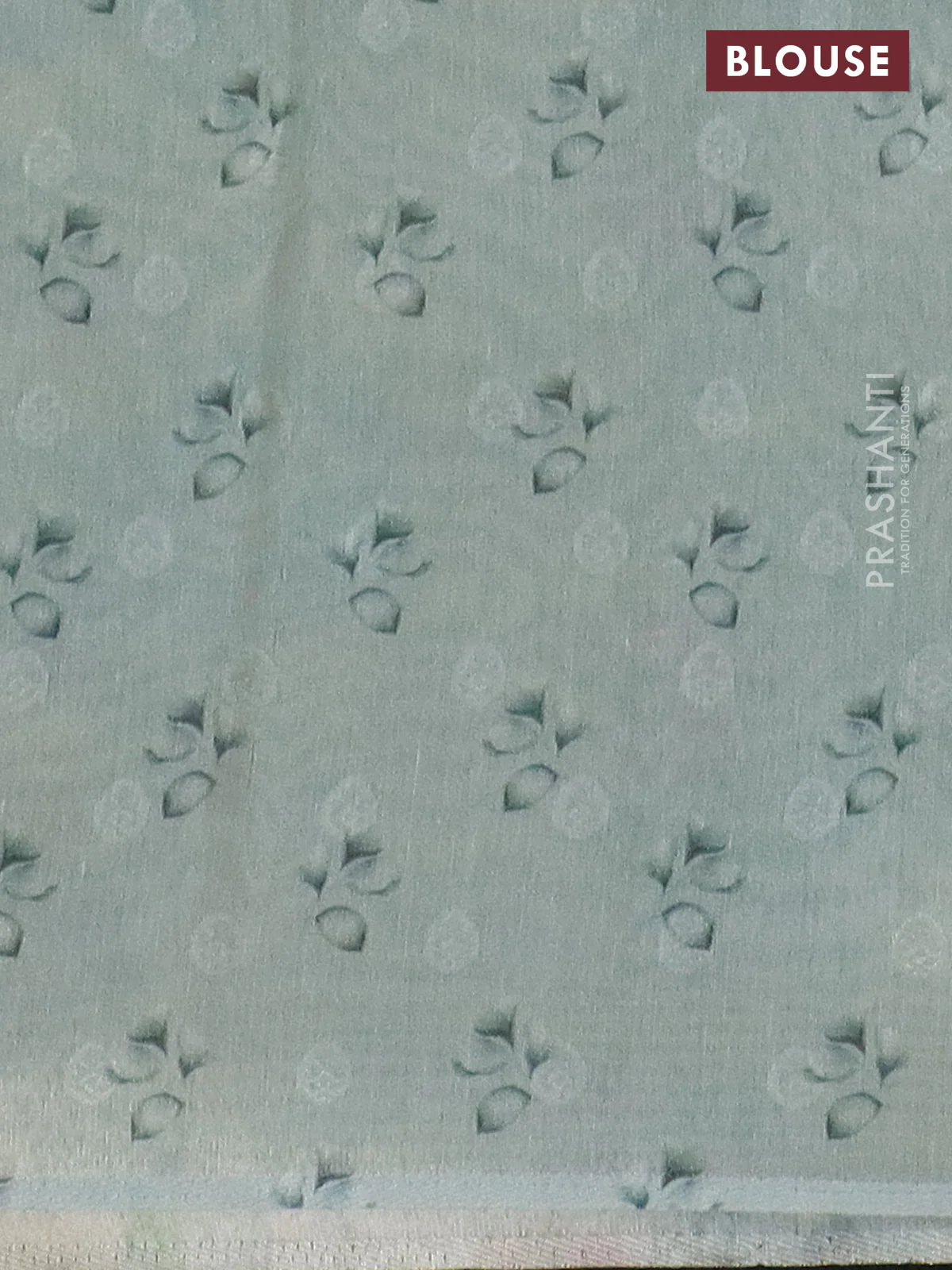 Tissue saree pastel blue with allover zari weaves and floral digital printed border - Image 4
