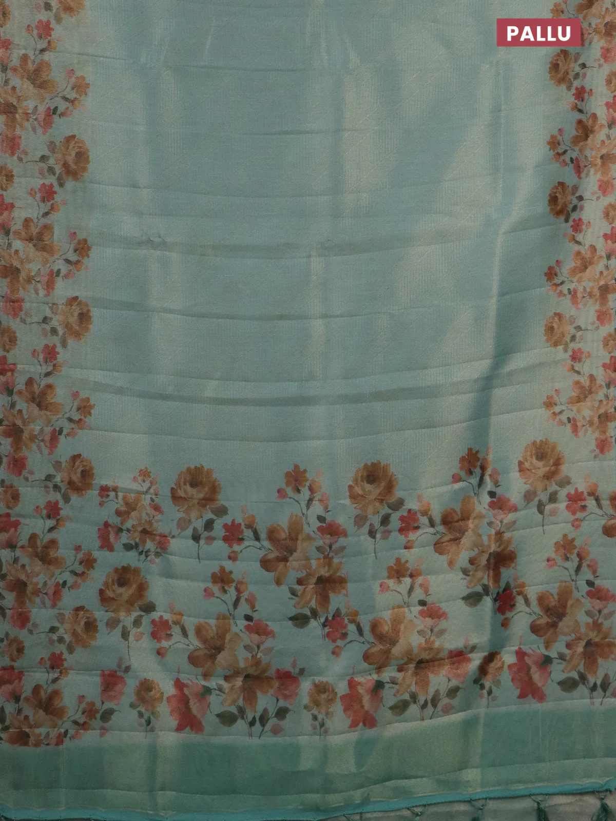 Tissue saree pastel blue with allover zari weaves and floral digital printed border - Image 3