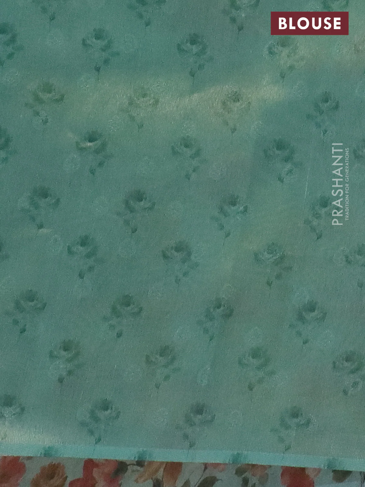 Tissue saree pastel blue with allover zari weaves and floral digital printed border - Image 4
