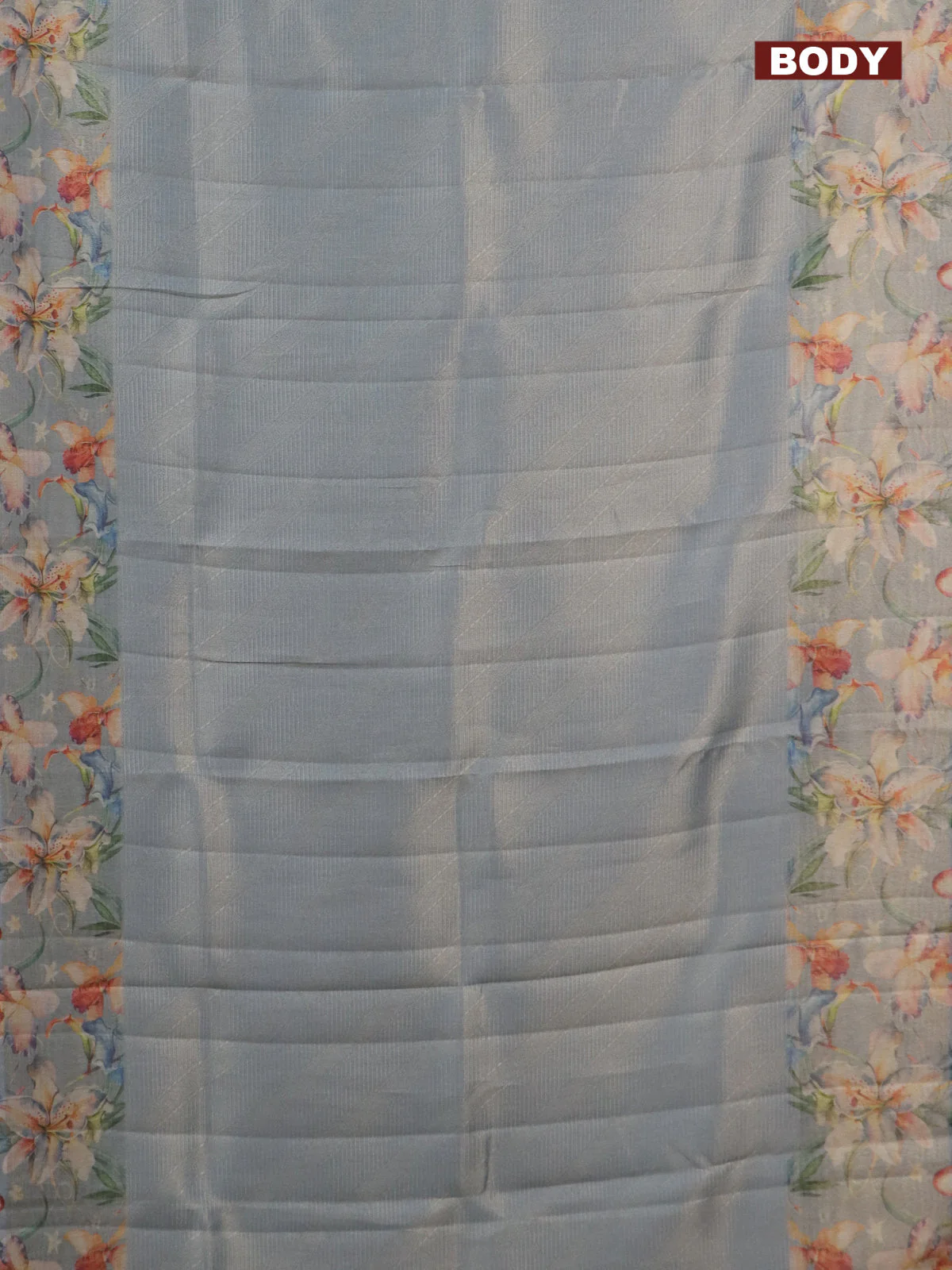 Tissue saree pastel blue with allover zari weaves and floral digital printed border - Image 2