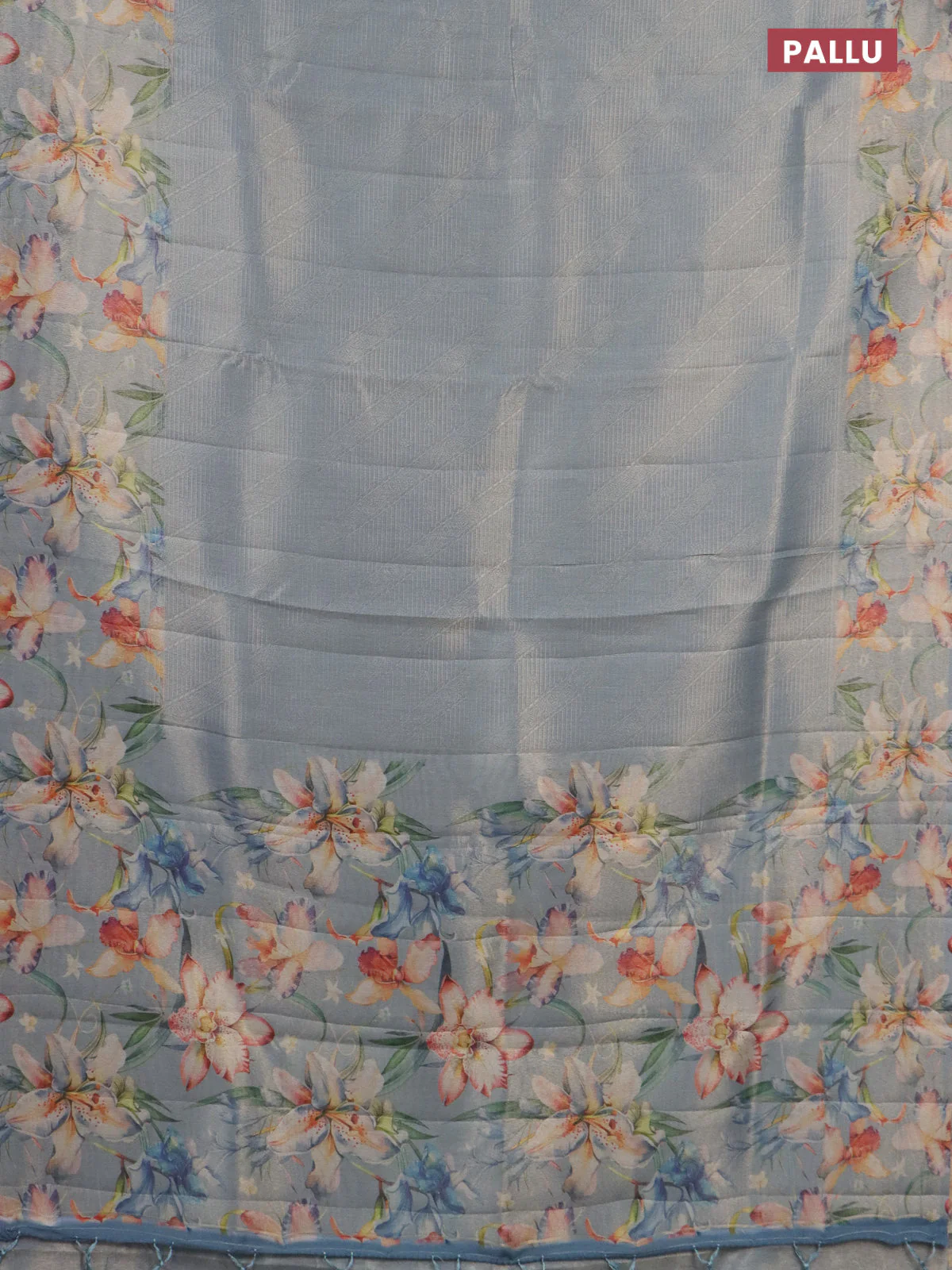Tissue saree pastel blue with allover zari weaves and floral digital printed border - Image 3