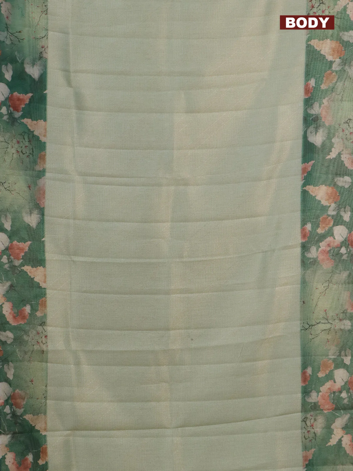 Tissue saree pastel green and green with allover zari weaves and floral digital printed border - Image 2