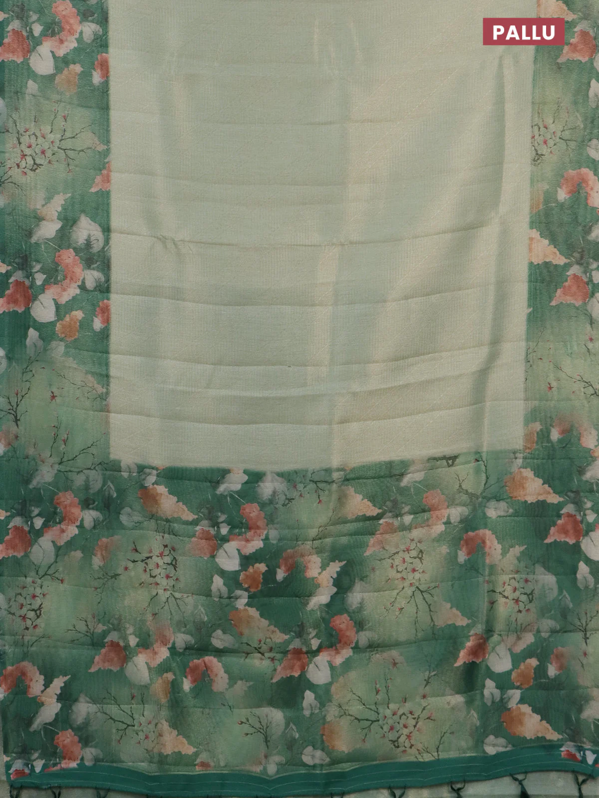 Tissue saree pastel green and green with allover zari weaves and floral digital printed border - Image 3