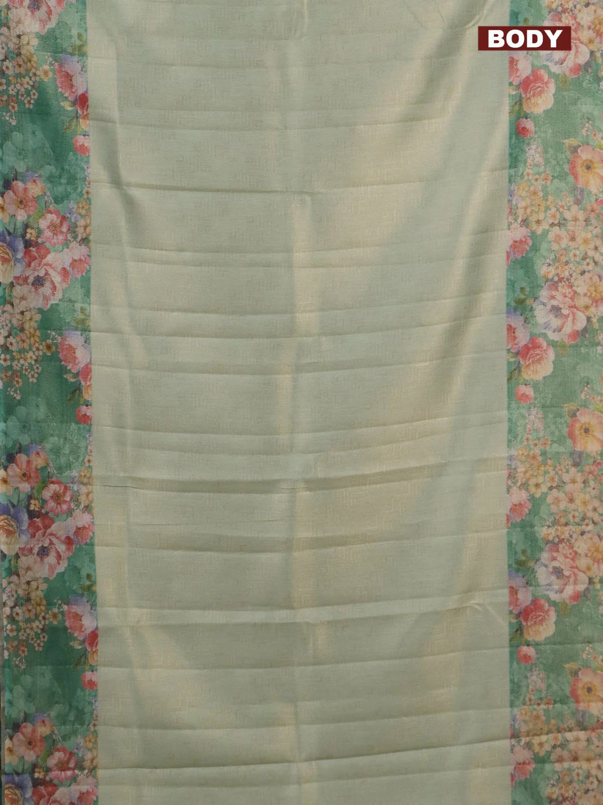 Tissue saree pastel green and green with allover zari weaves and floral digital printed border - Image 2