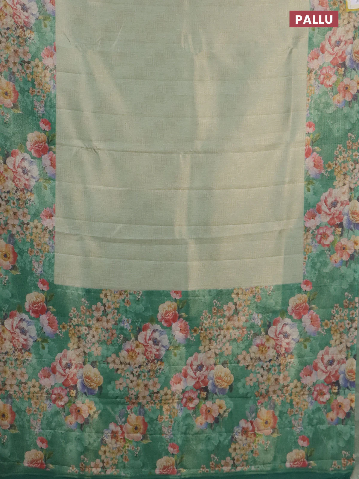 Tissue saree pastel green and green with allover zari weaves and floral digital printed border - Image 3