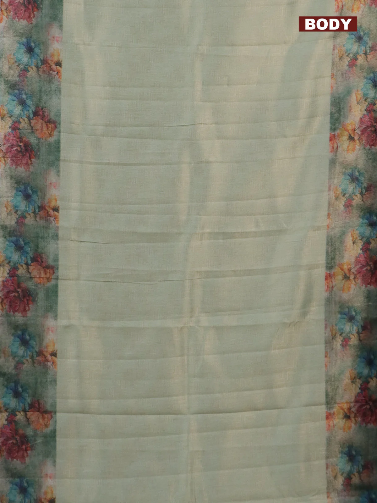 Tissue saree pastel green and grey with allover zari weaves and floral digital printed border - Image 2