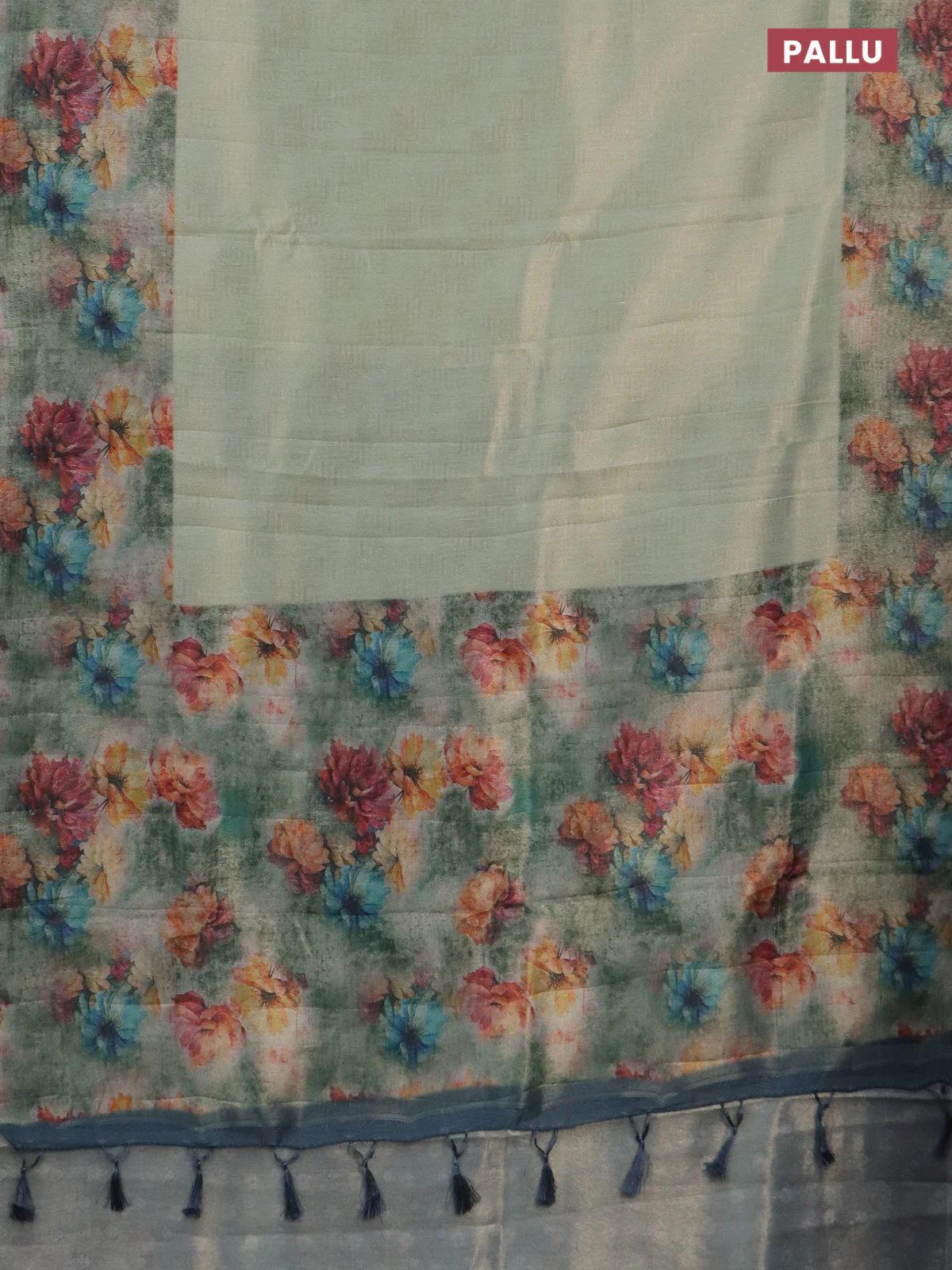 Tissue saree pastel green and grey with allover zari weaves and floral digital printed border - Image 3