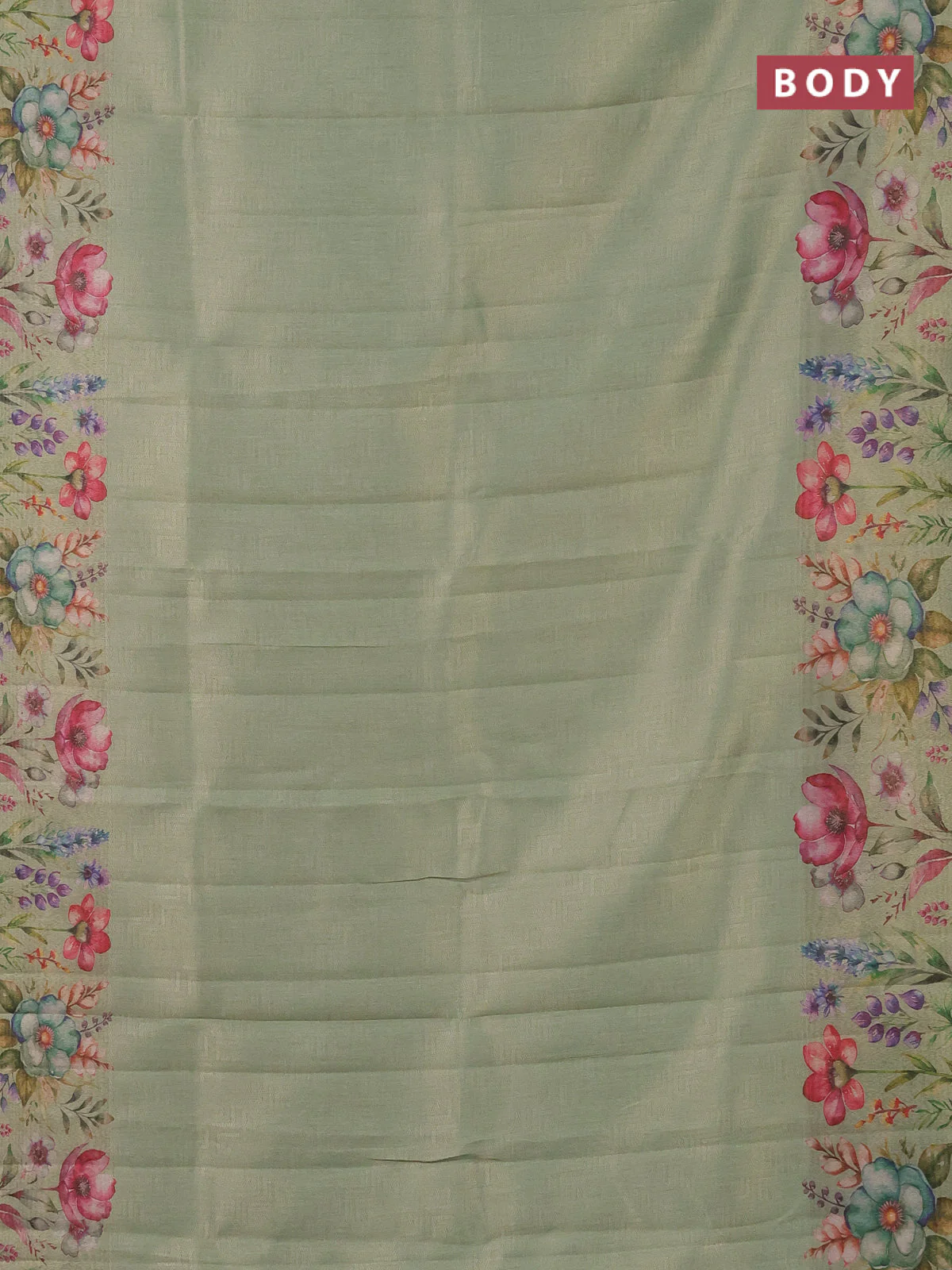 Tissue saree pastel green with allover zari weaves and digital printed border - Image 2