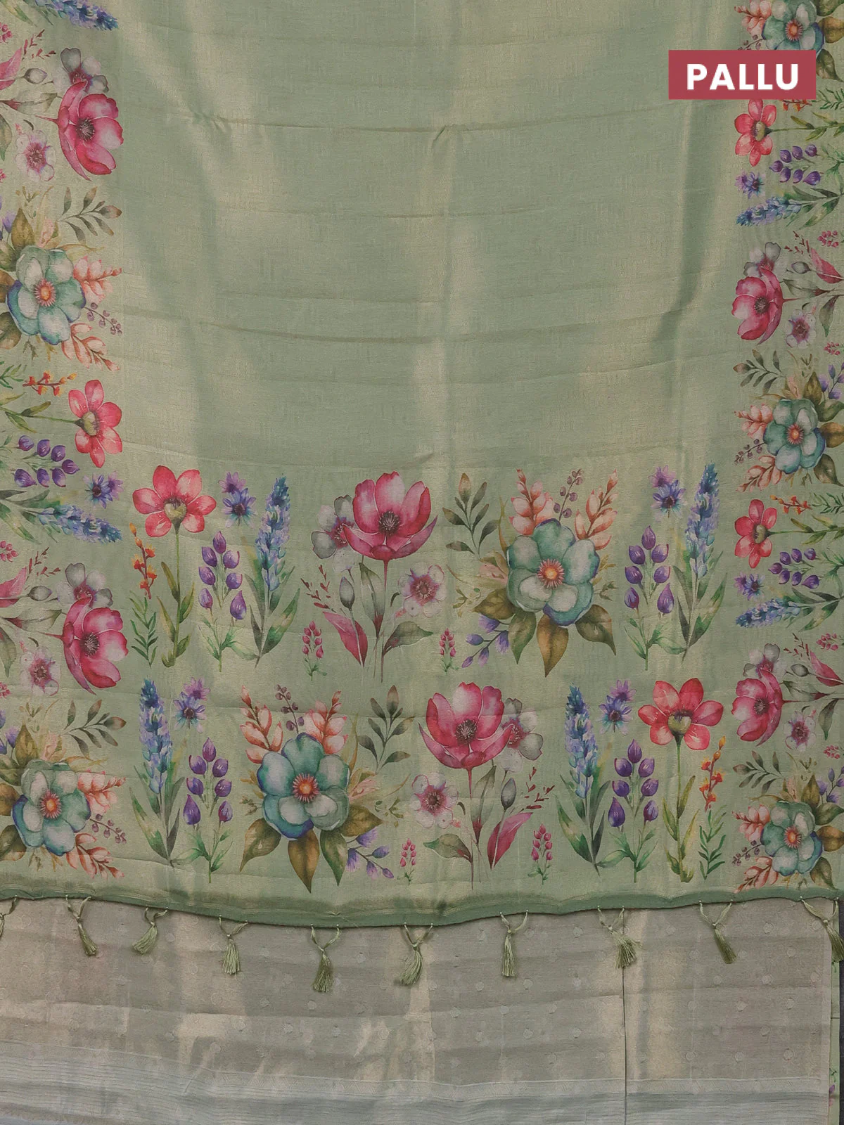 Tissue saree pastel green with allover zari weaves and digital printed border - Image 3