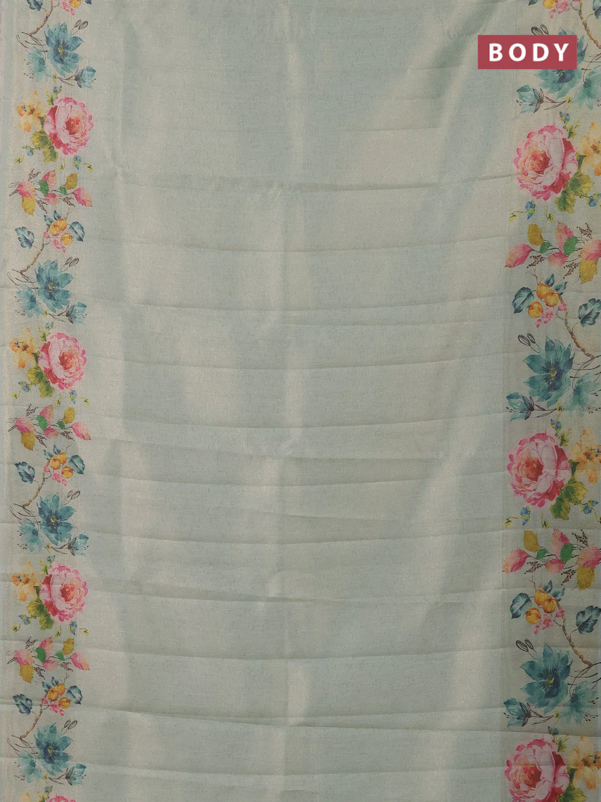Tissue saree pastel green with allover zari weaves and digital printed border - Image 2