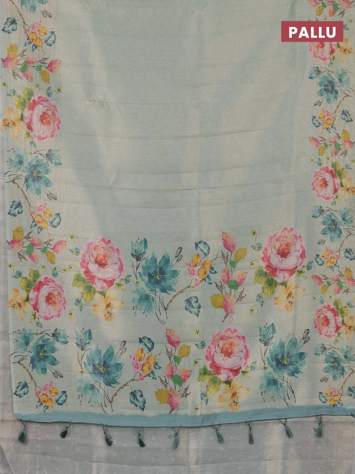 Tissue saree pastel green with allover zari weaves and digital printed border - Image 3