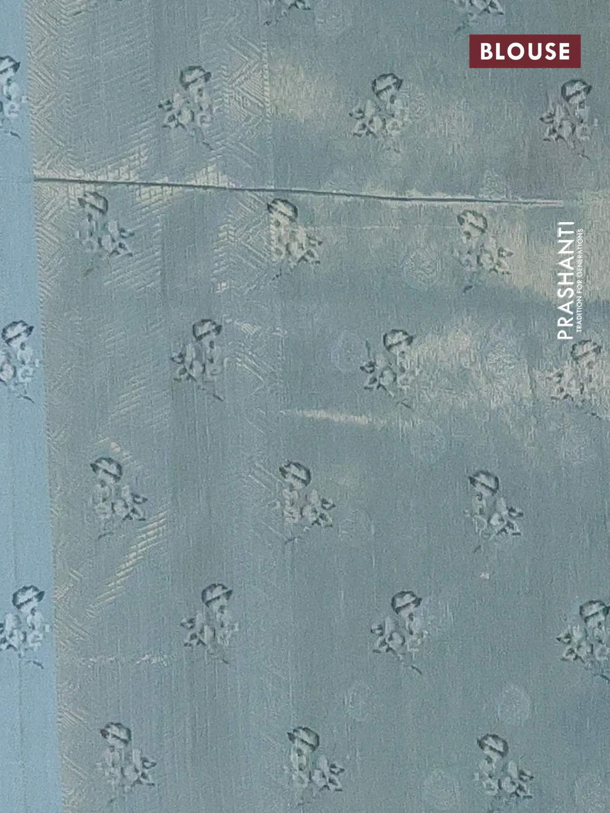 Tissue saree pastel green with allover zari weaves and digital printed border - Image 4