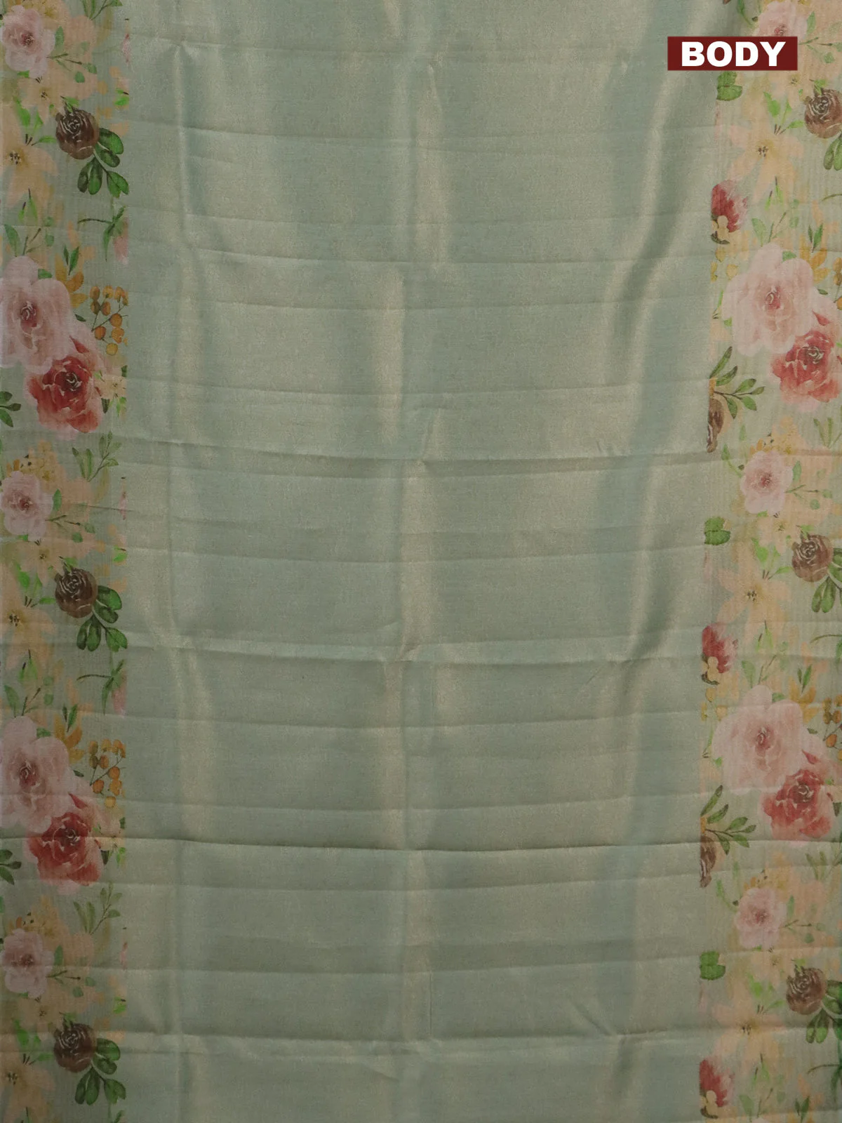 Tissue saree pastel green with allover zari weaves and floral digital printed border - Image 2