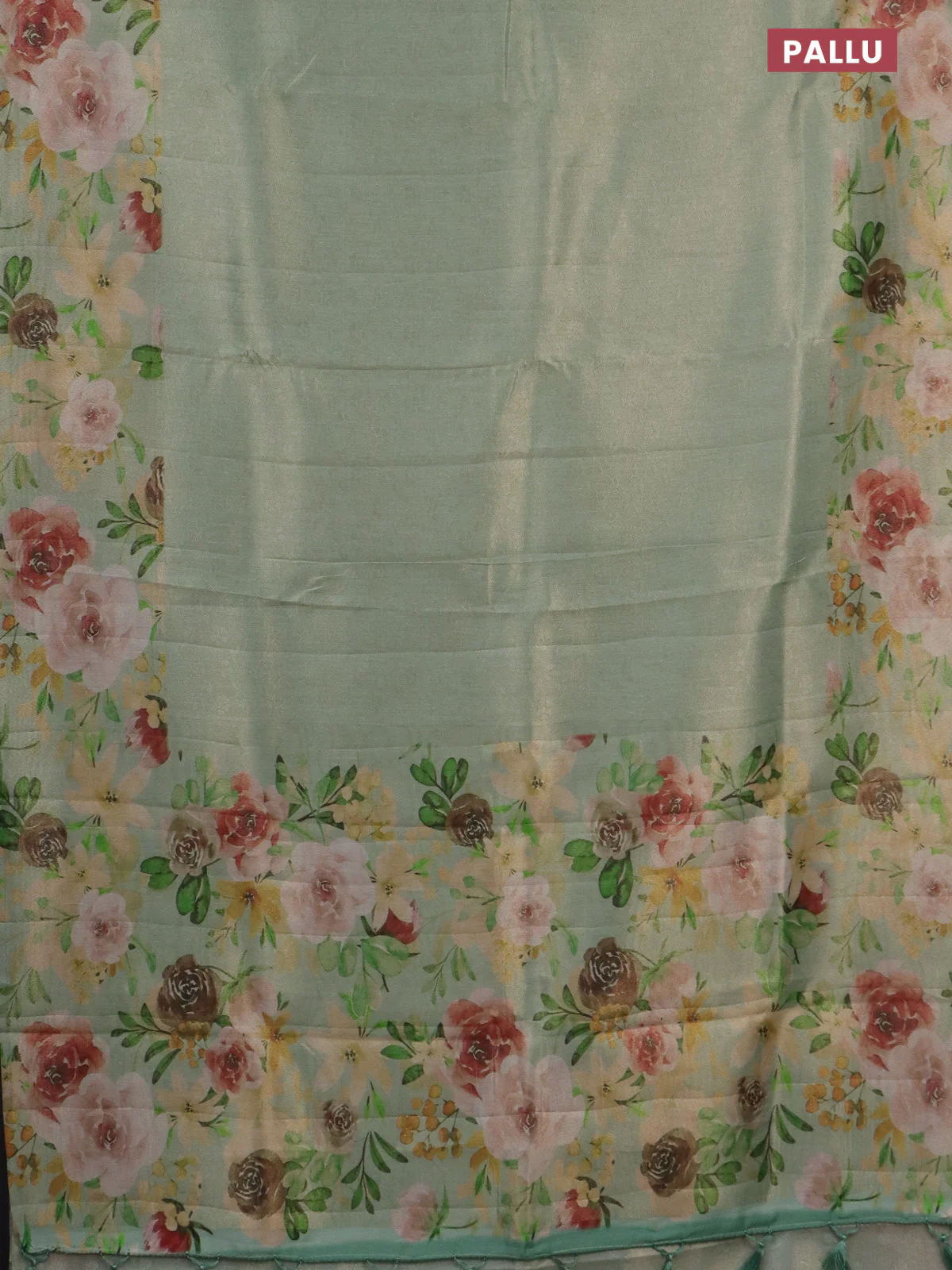 Tissue saree pastel green with allover zari weaves and floral digital printed border - Image 3