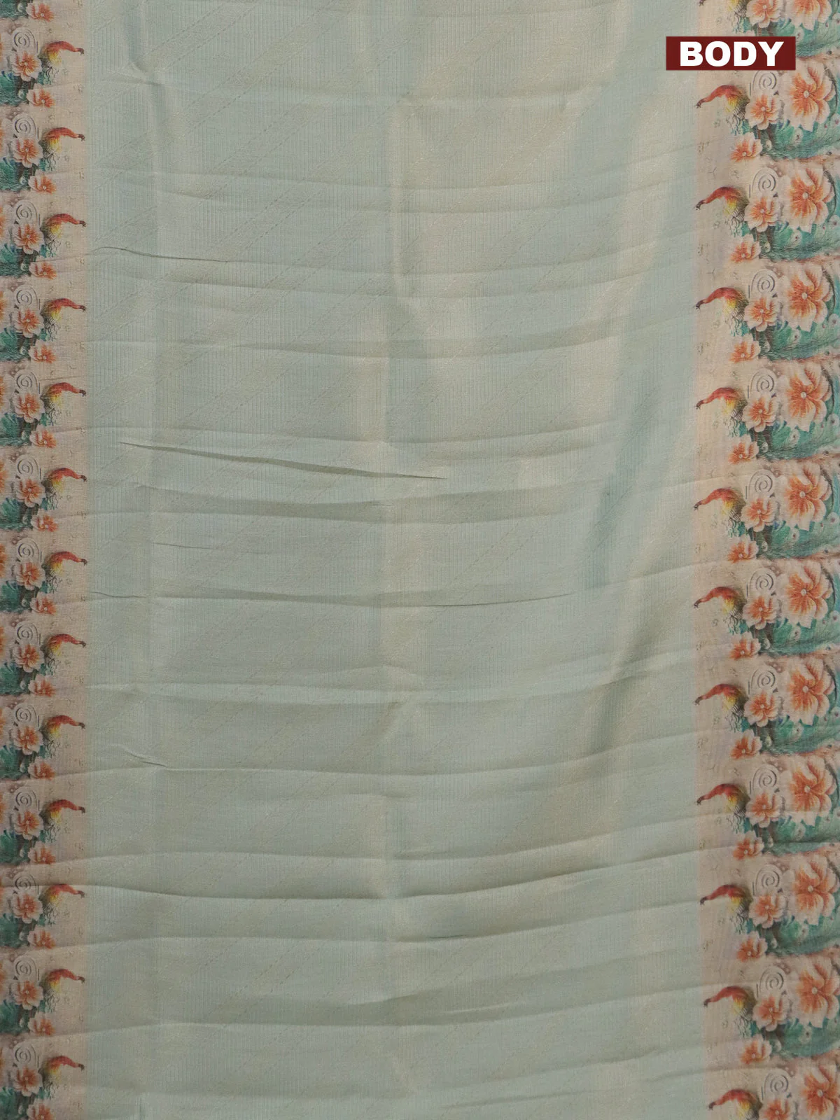 Tissue saree pastel green with allover zari weaves and floral digital printed border - Image 2