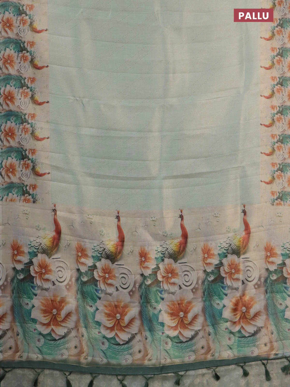 Tissue saree pastel green with allover zari weaves and floral digital printed border - Image 3