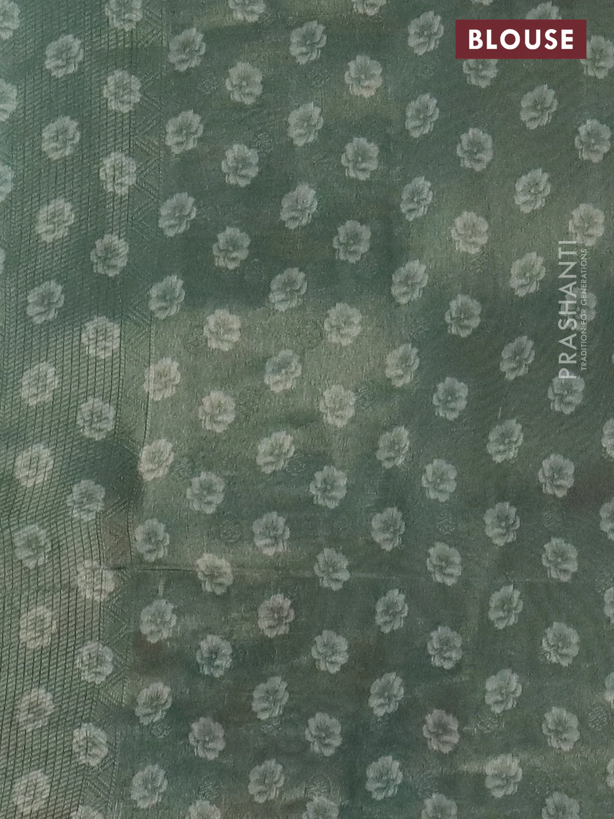 Tissue saree pastel green with allover zari weaves and floral digital printed border - Image 4