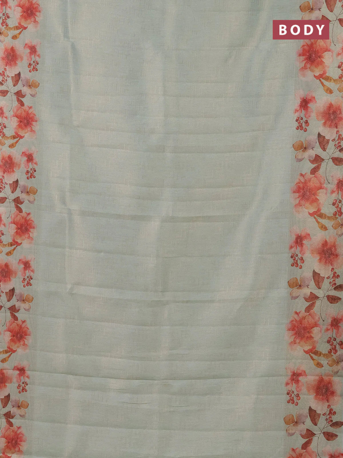 Tissue saree pastel green with allover zari weaves and floral digital printed border - Image 2