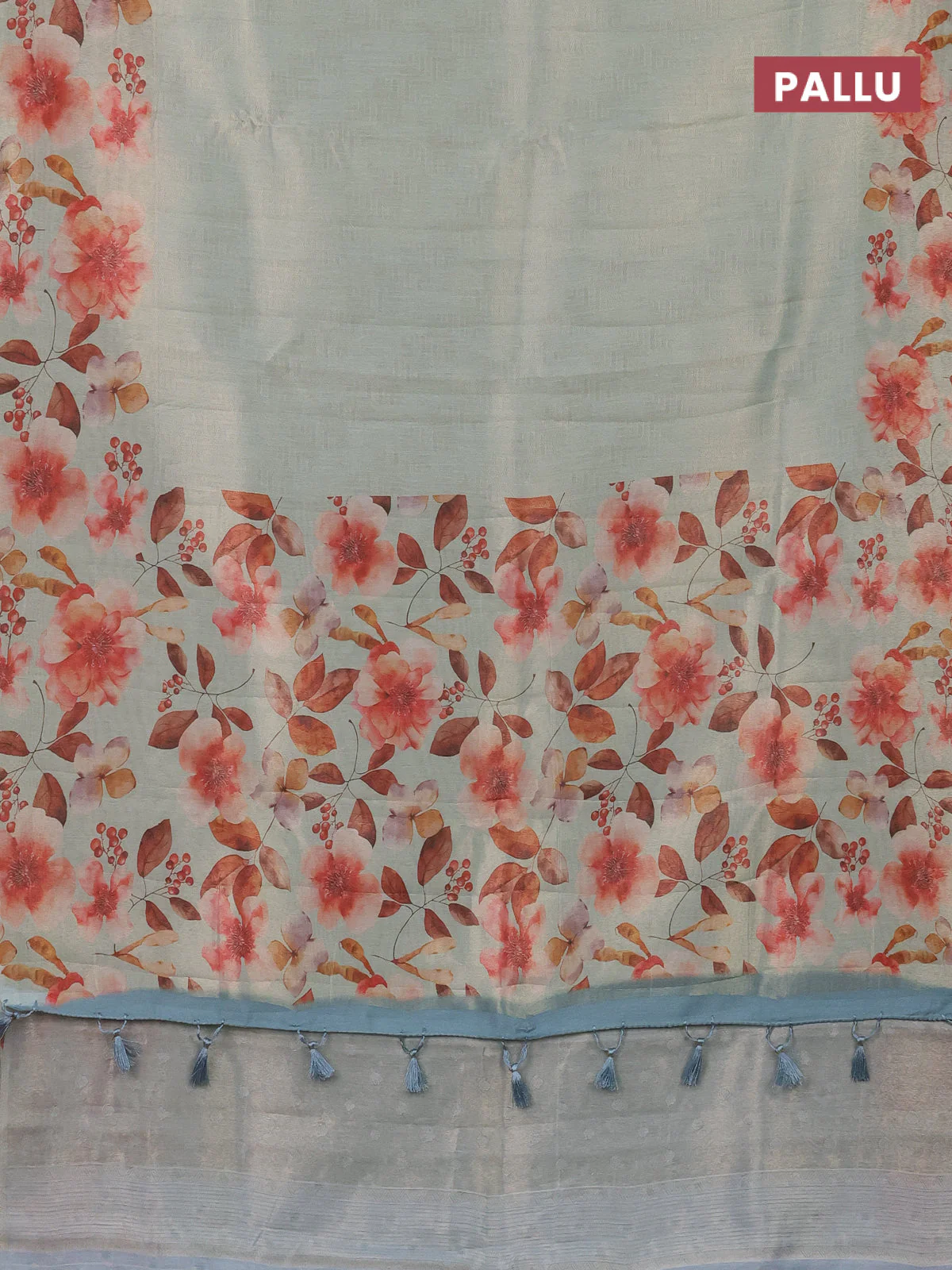 Tissue saree pastel green with allover zari weaves and floral digital printed border - Image 3