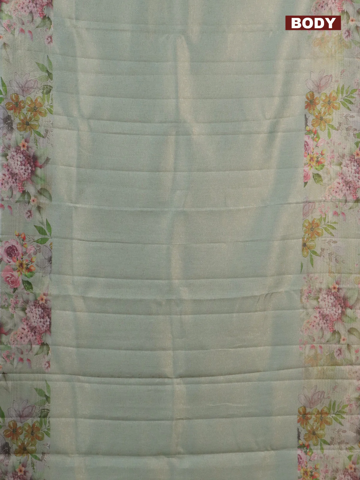 Tissue saree pastel green with allover zari weaves and floral digital printed border - Image 2