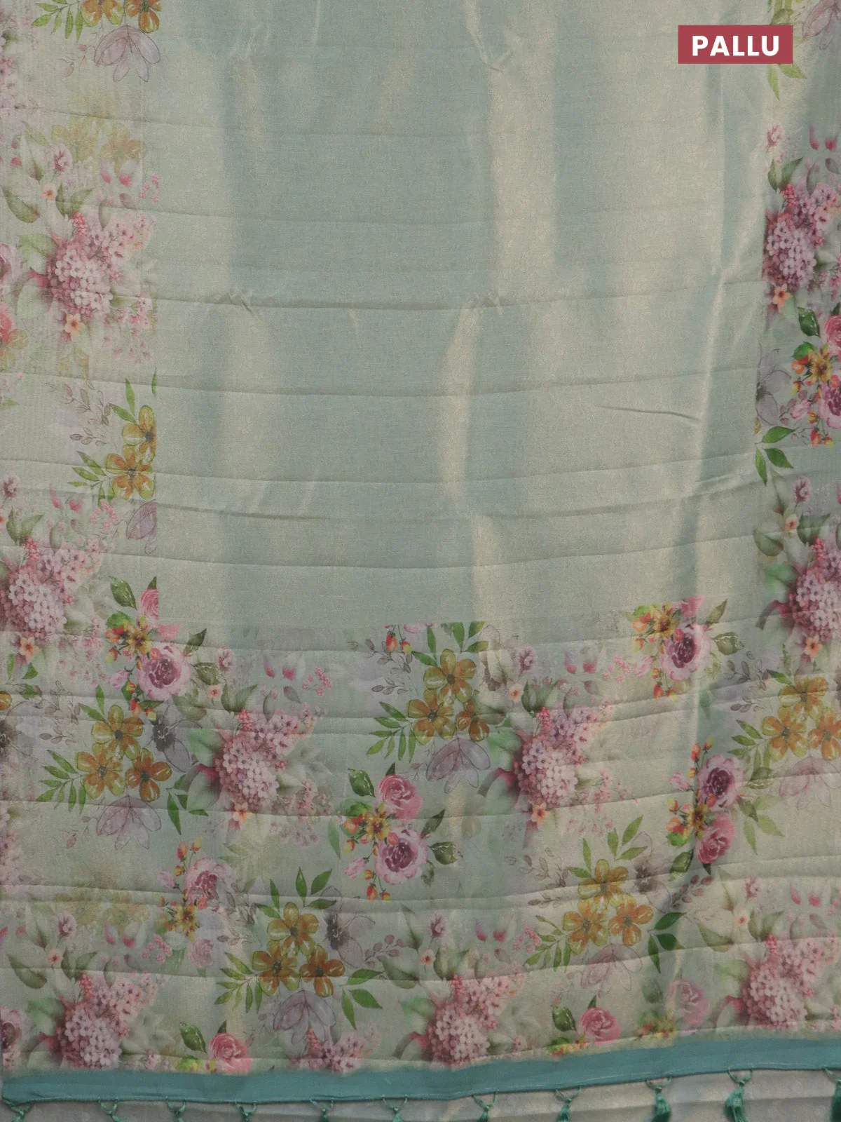 Tissue saree pastel green with allover zari weaves and floral digital printed border - Image 3