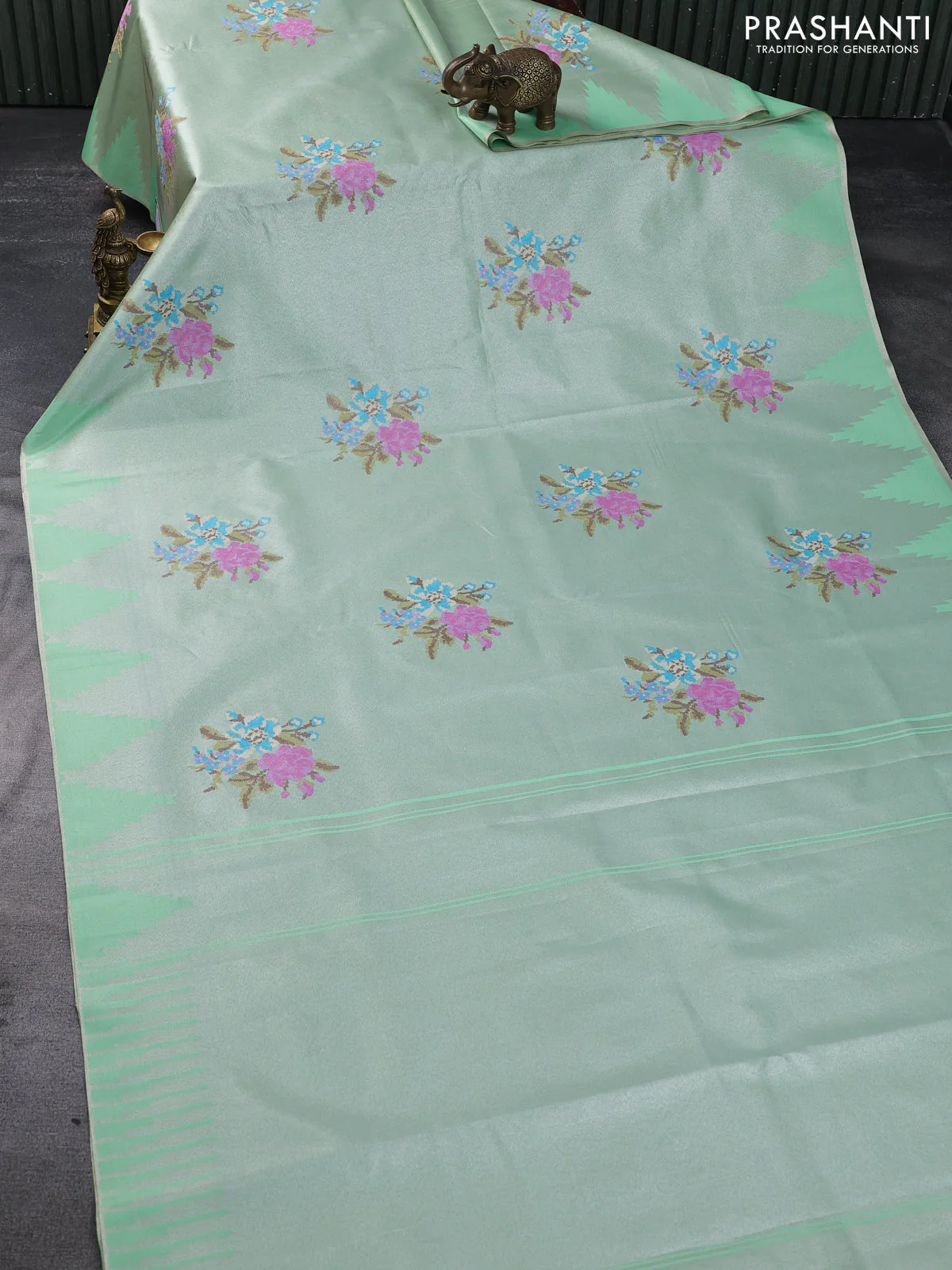 Tissue saree pastel green with embroidery work buttas and temple design zari border - Image 2