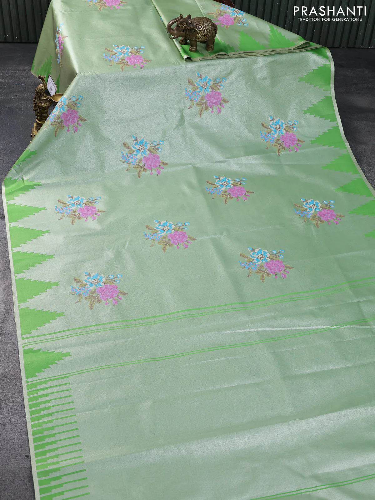 Tissue saree pastel green with embroidery work buttas and temple design zari border - Image 2