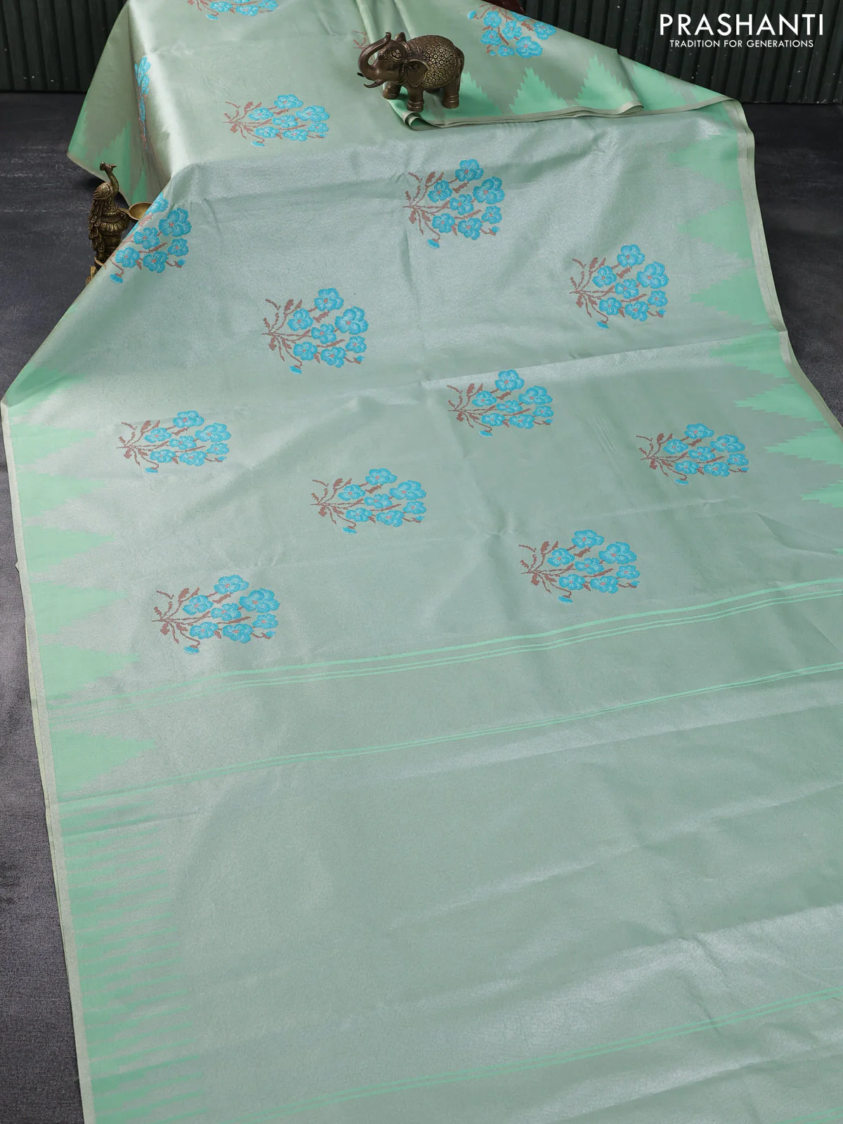 Tissue saree pastel green with embroidery work buttas and temple design zari border - Image 2
