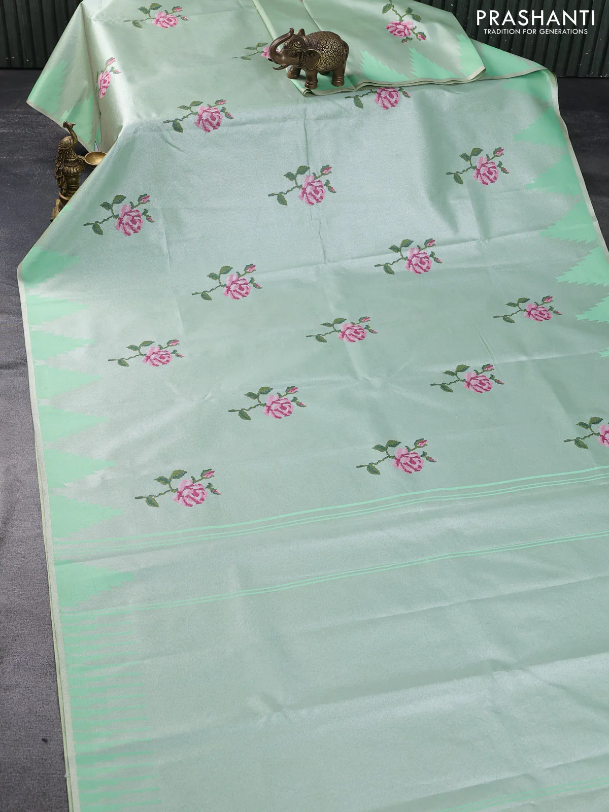 Tissue saree pastel green with embroidery work buttas and temple design zari border - Image 2