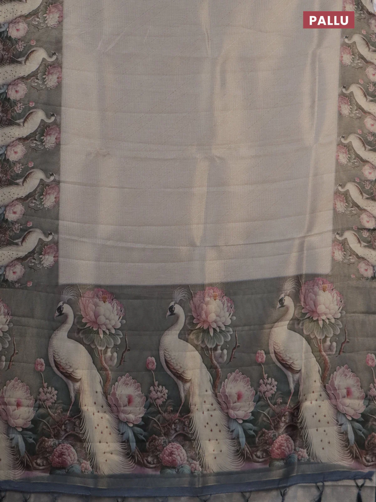 Tissue saree pastel grey and grey with allover zari weaves and floral digital printed border - Image 3