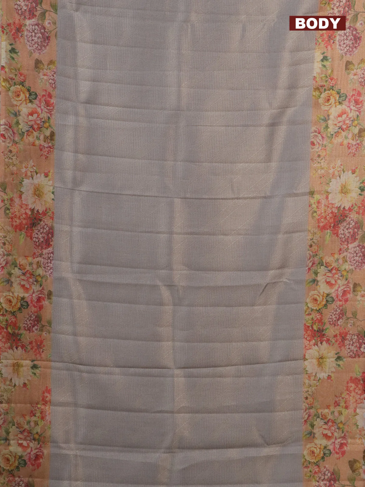Tissue saree pastel grey and peach shade with allover zari weaves and floral digital printed border - Image 2