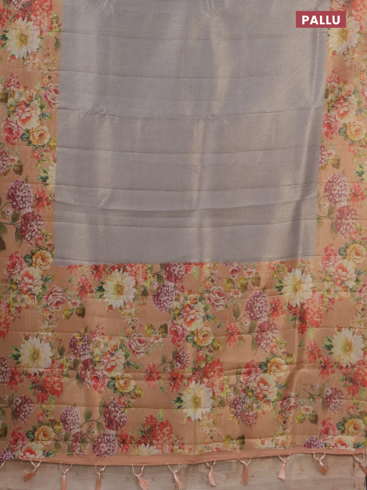 Tissue saree pastel grey and peach shade with allover zari weaves and floral digital printed border - Image 3