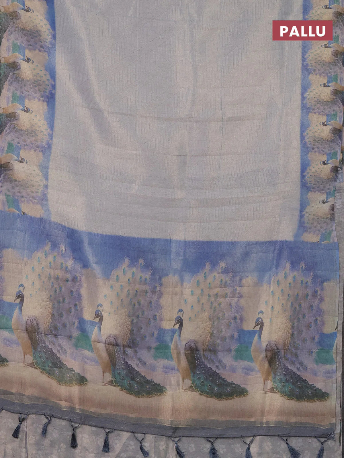 Tissue saree pastel grey with allover zari weaves and digital printed border - Image 3