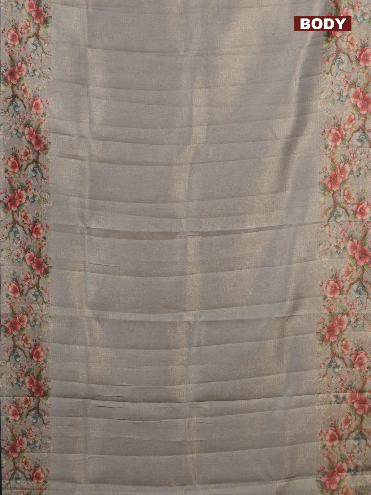 Tissue saree pastel grey with allover zari weaves and floral digital printed border - Image 2