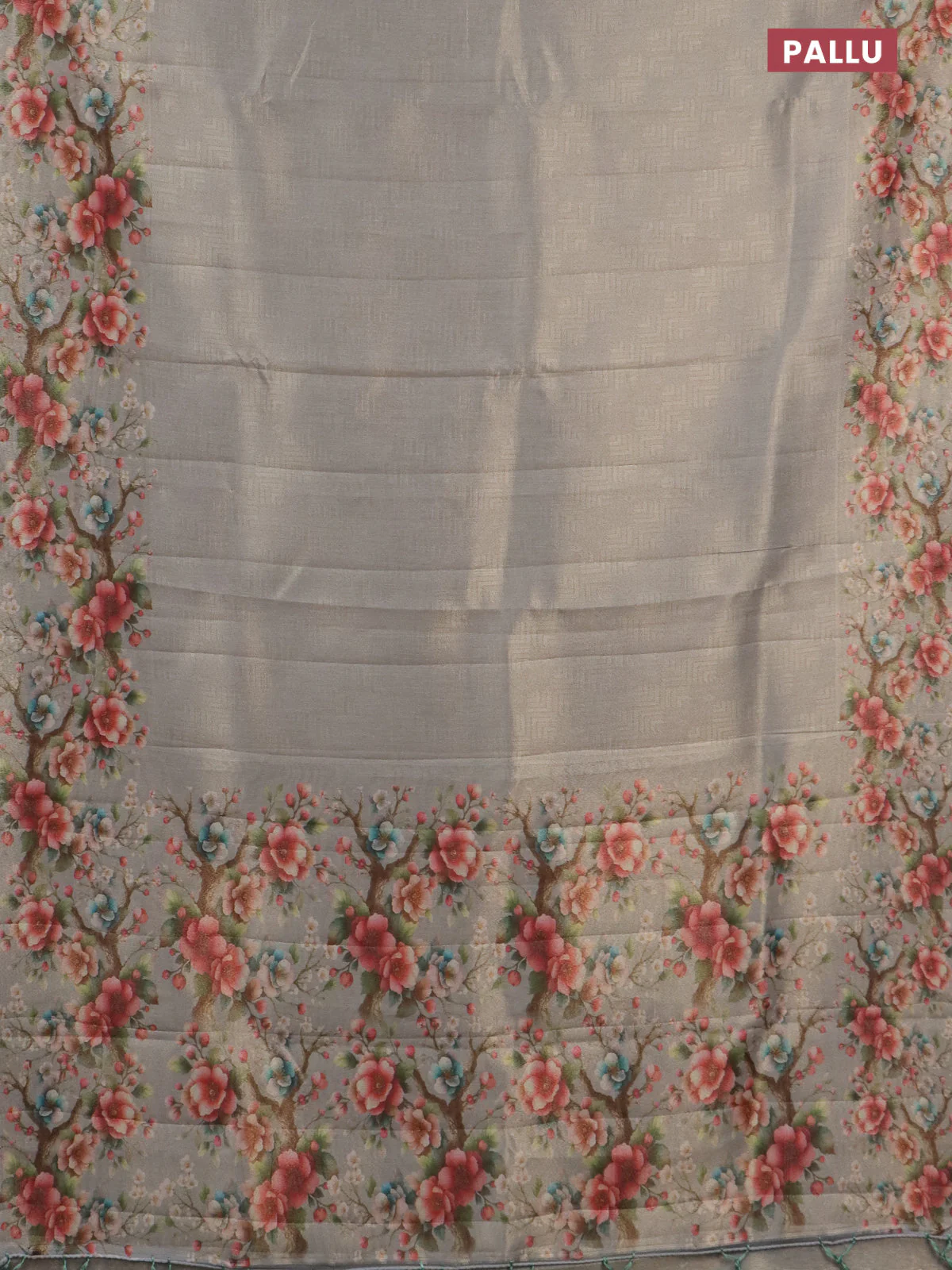 Tissue saree pastel grey with allover zari weaves and floral digital printed border - Image 3